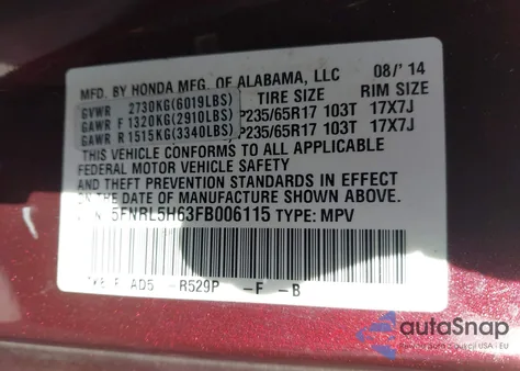 2015 Honda Odyssey Ex-L from USA, damaged, VIN 5FNRL5H63FB006115